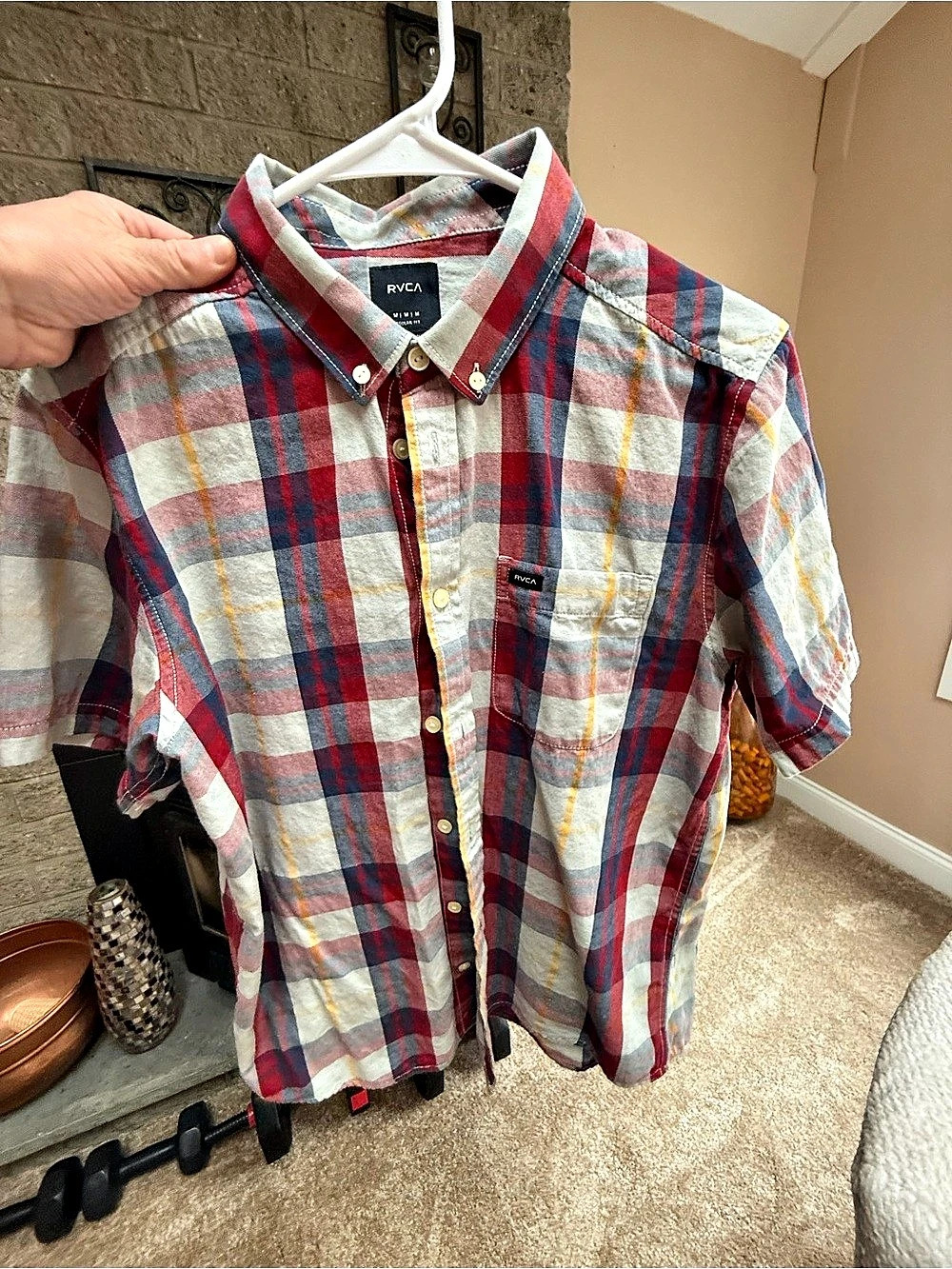 RVCA Men's Plaid Button Down Red & White Size Medium